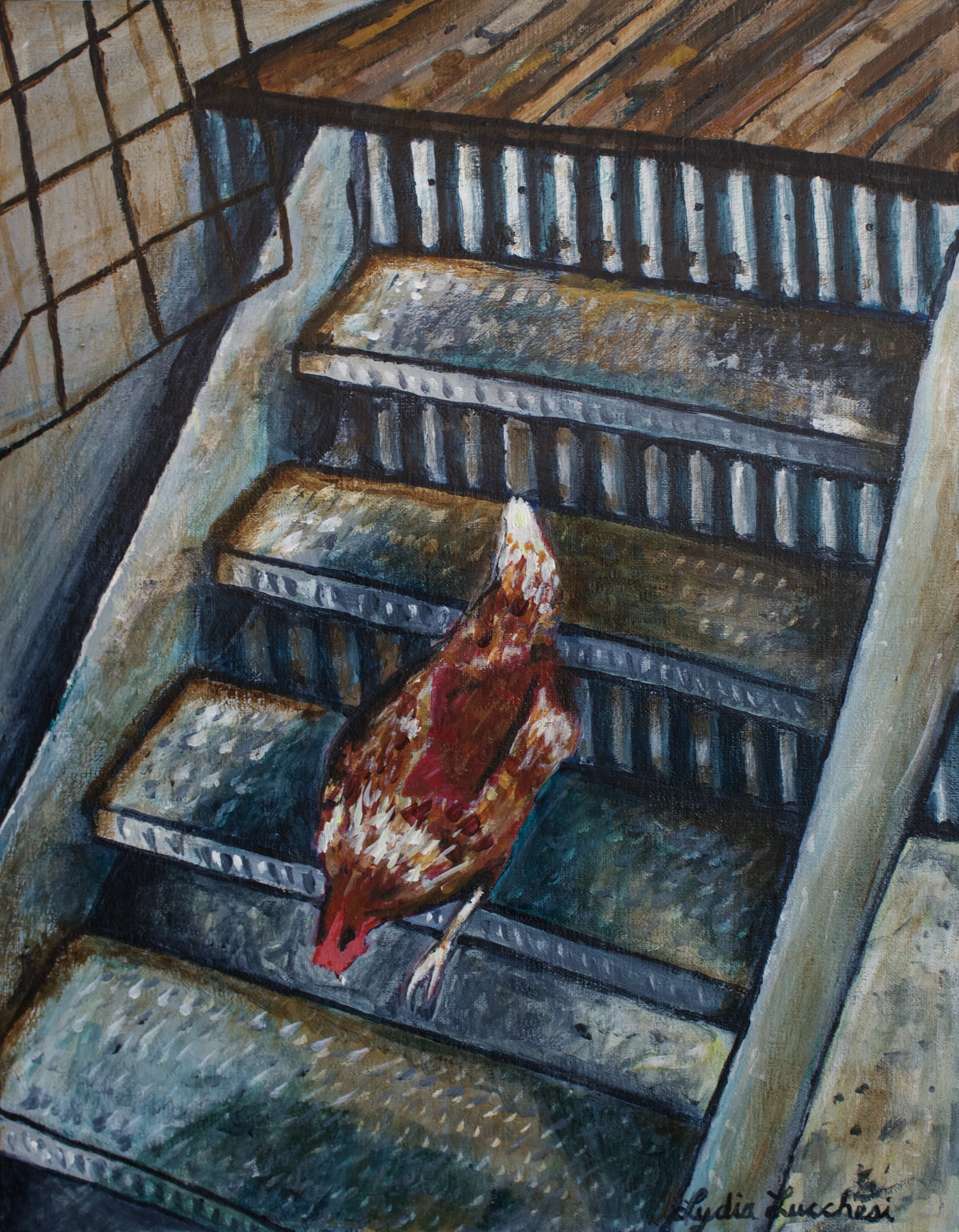 A Chicken Running Down Stairs painting by Lydia R. Lucchesi